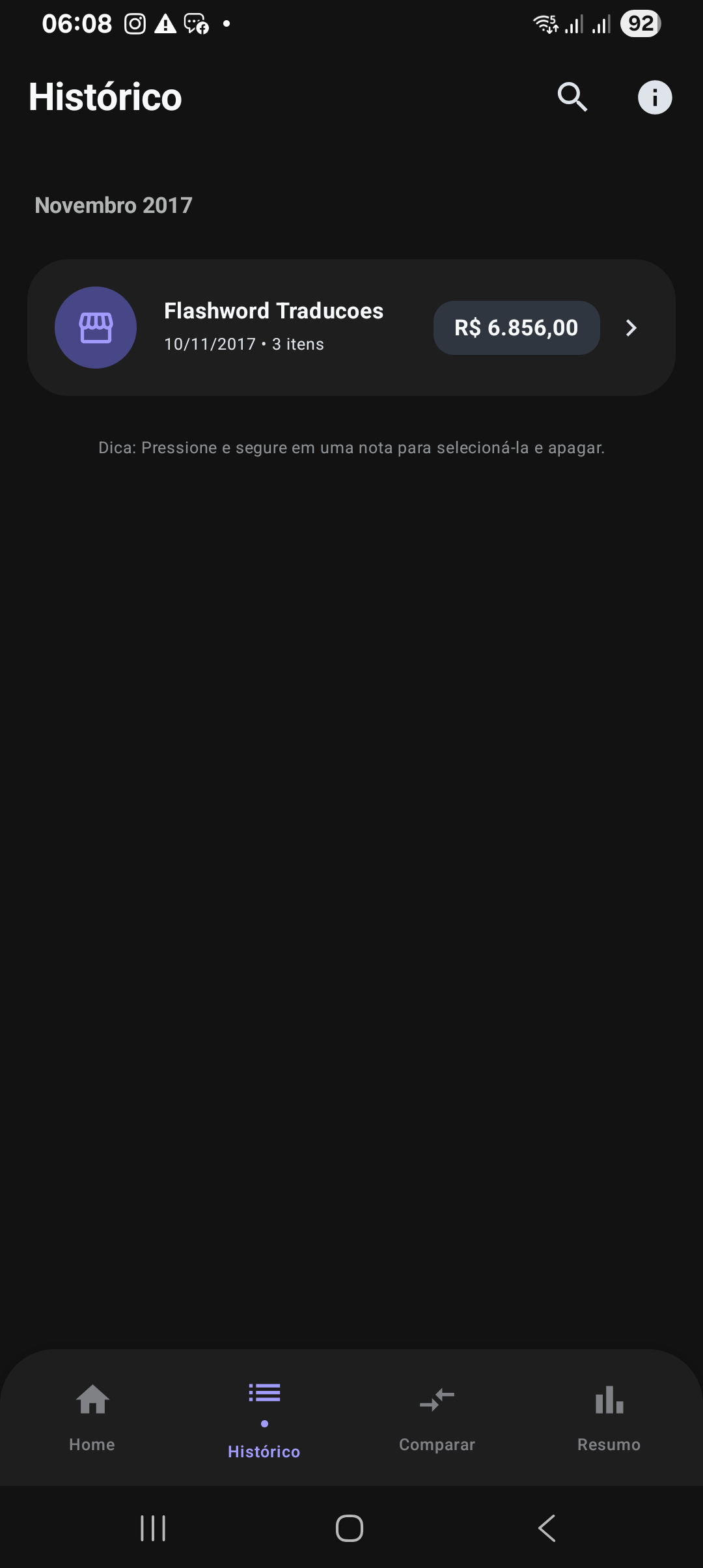 Tela de Histórico com lista de notas fiscais
